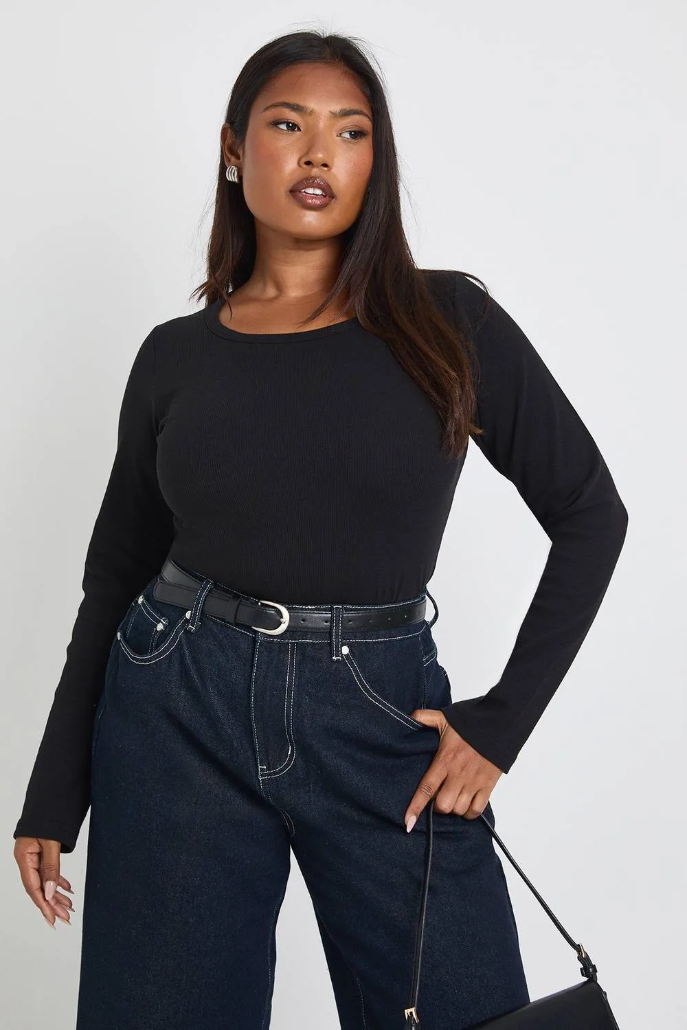 Basic Rib Scoop Neck Longline Fitted Long Sleeve Top by boohoo