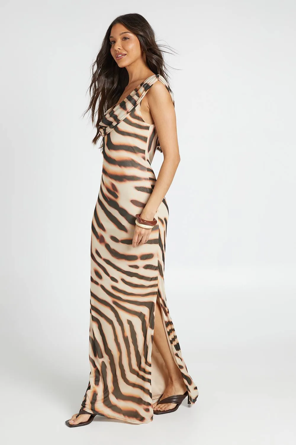 Animal Printed Mesh Wide Cowl Printed Maxi Dress