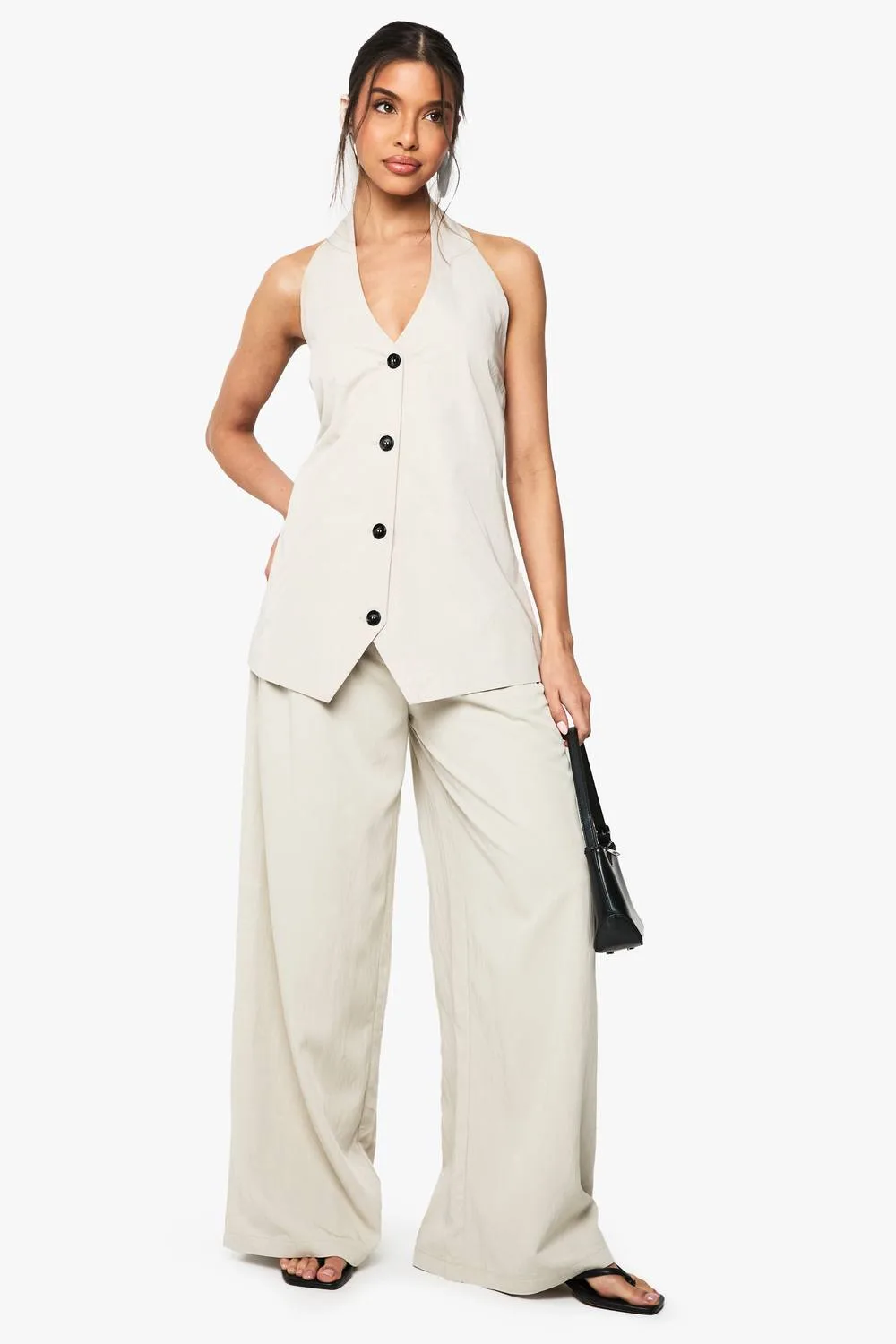 Floaty Pleated Wide Leg Tailored Trouser - Stone by boohoo