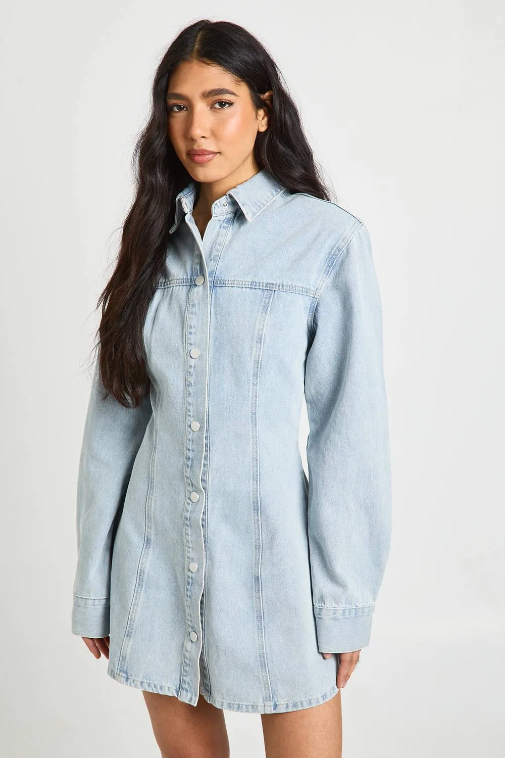 Long Sleeve Cinched Waist Denim Dress