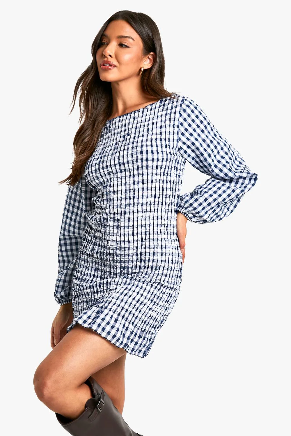 Gingham Shirred Long Sleeve Mini Dress by boohoo