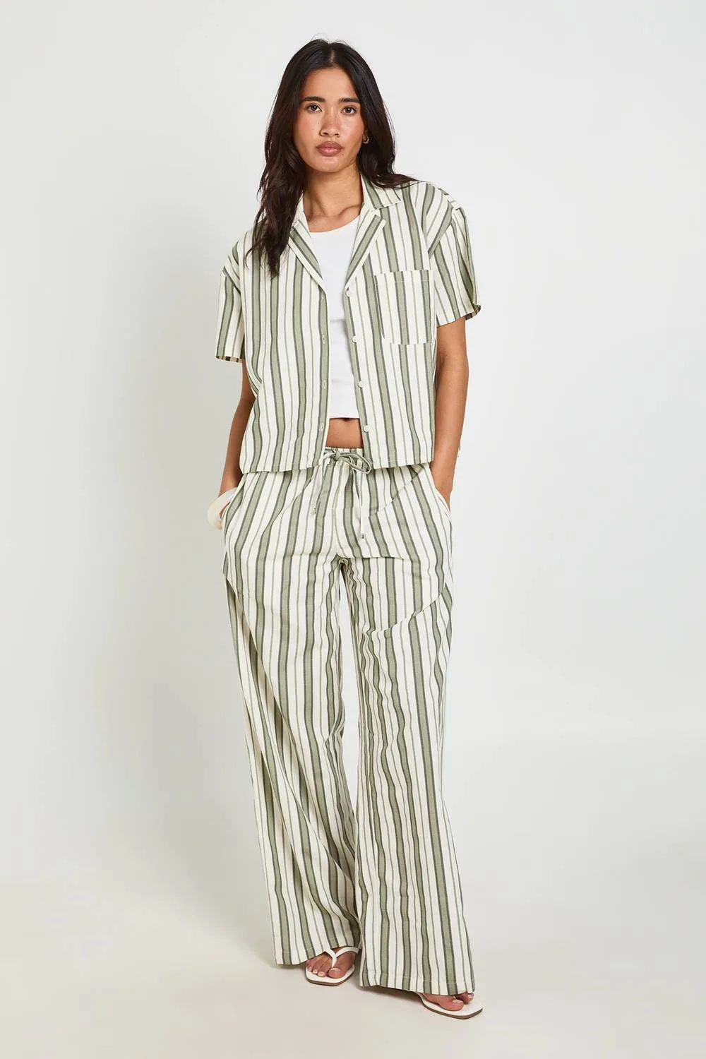 Premium Linen Stripe Wide Leg Trousers by boohoo