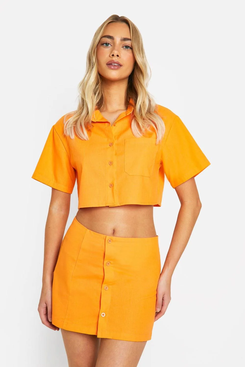 Linen Look Button Front Mini Skirt by boohoo