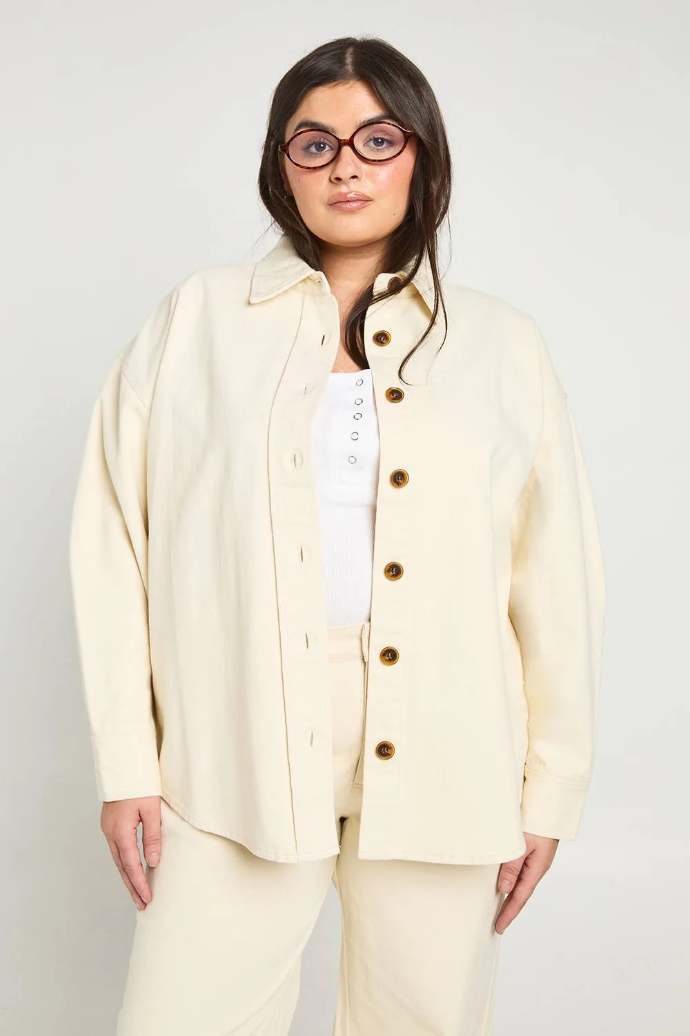 Denim Long Sleeve Horn Button Denim Shirt by boohoo