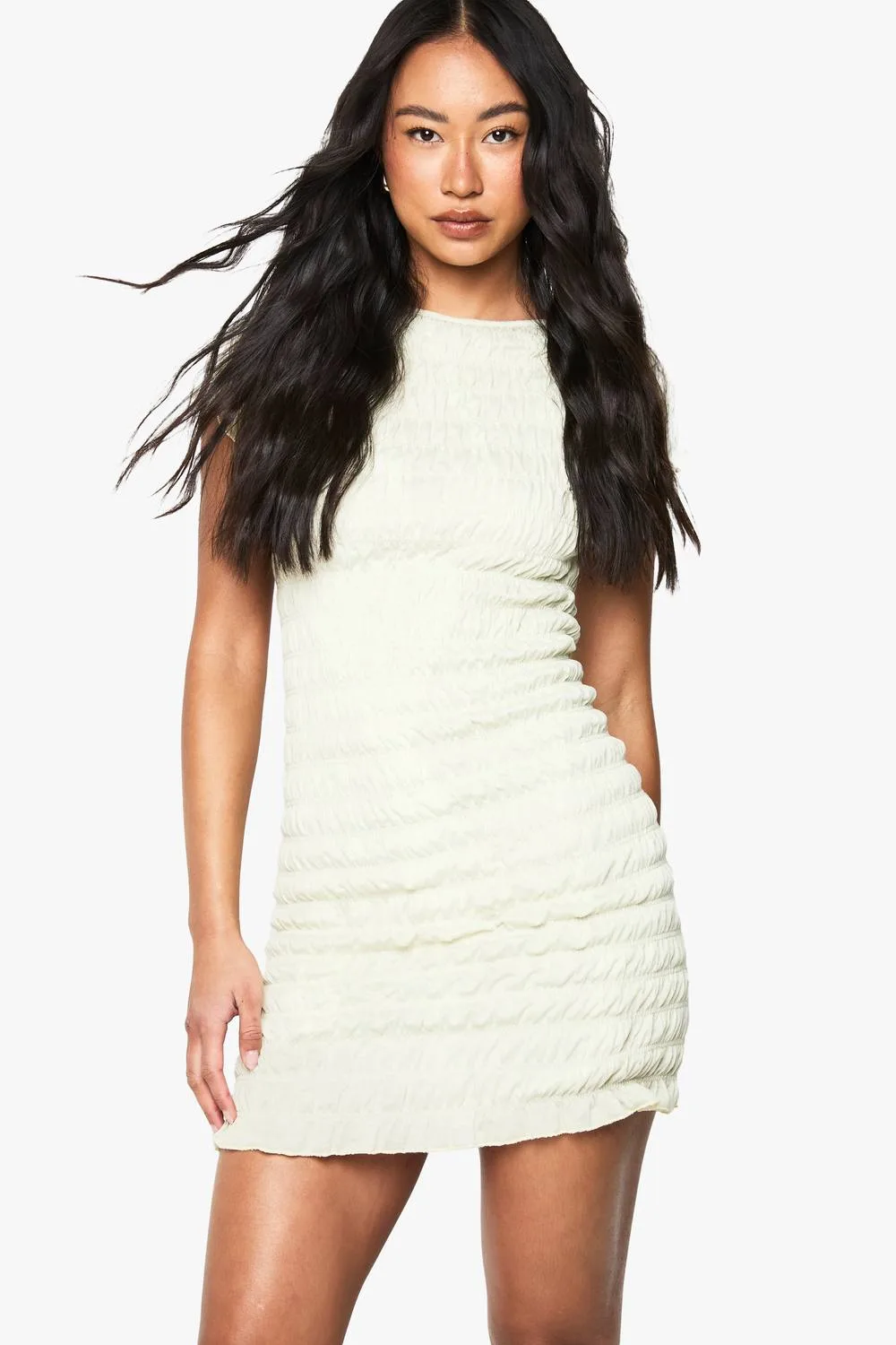 Shirred Cap Sleeve Mini Dress by boohoo