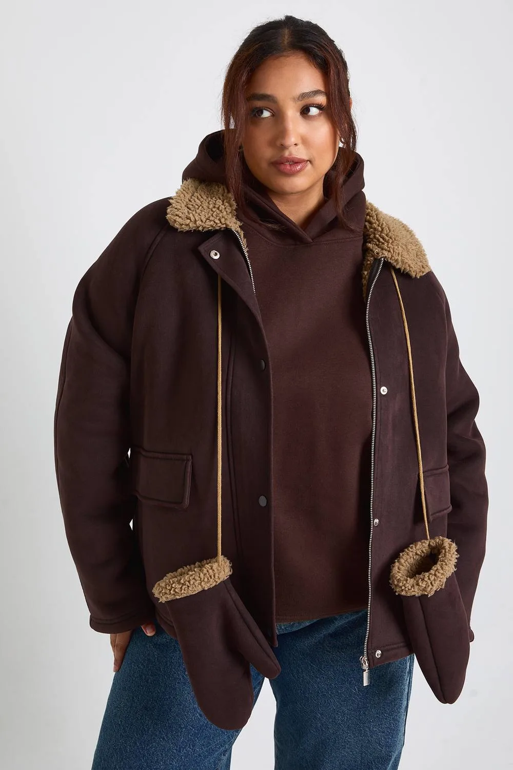 Teddy Trim Detail Oversized Jacket by boohoo