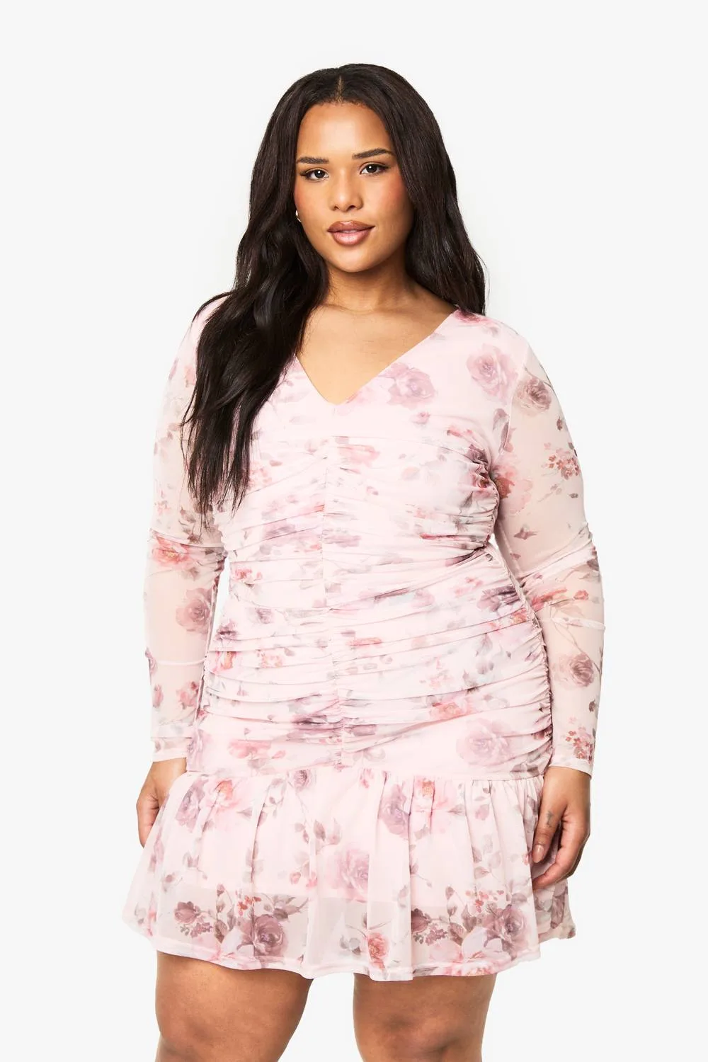 Floral Mesh Ruched Frill Hem Mini Dress by boohoo