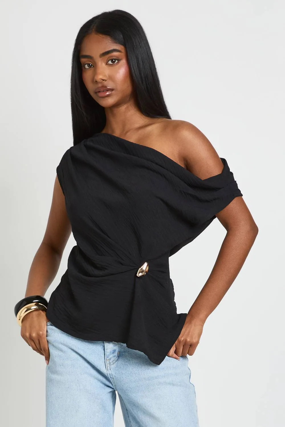 Hammered Asymmetric Gold Trim Top by boohoo