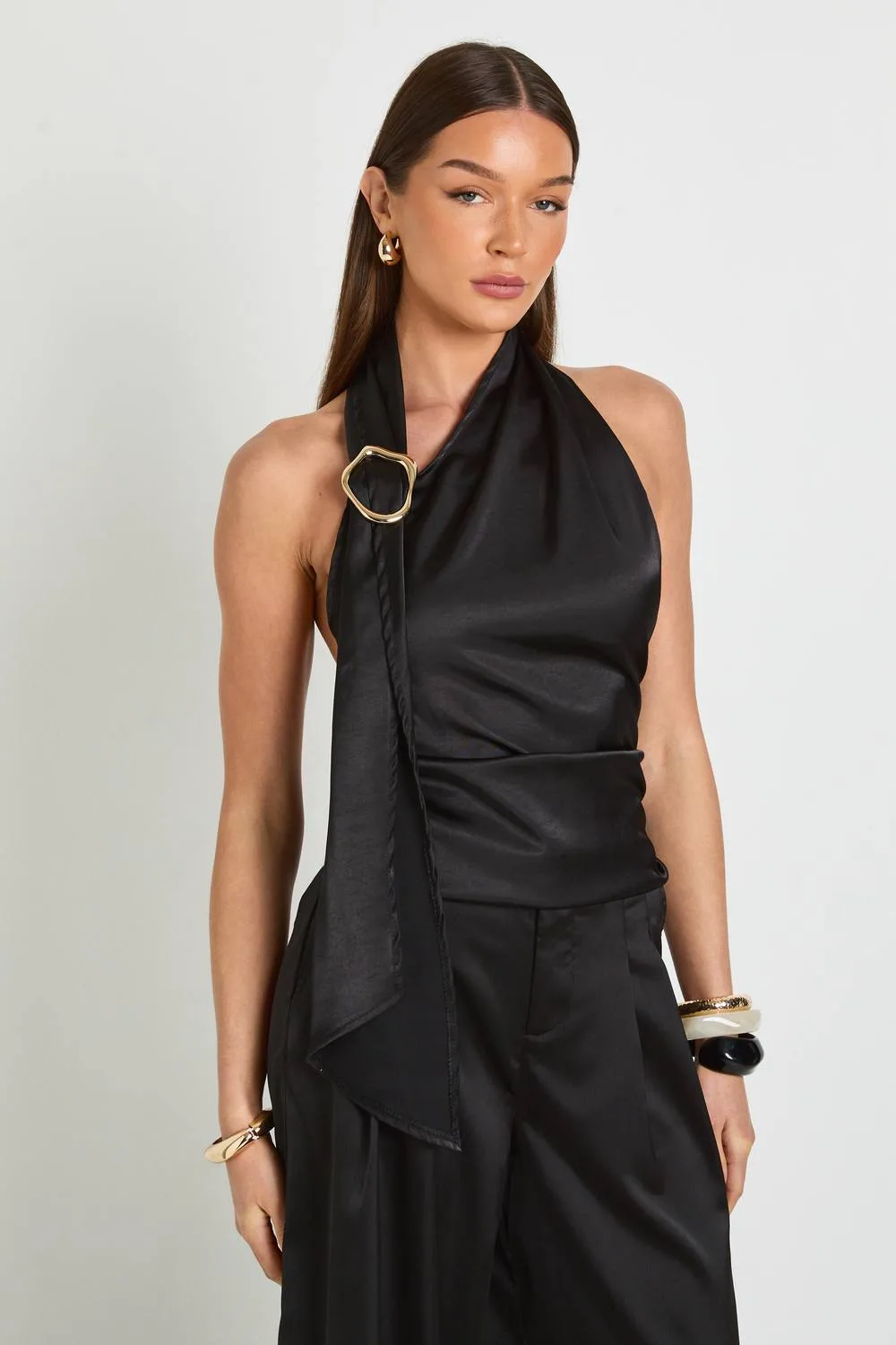 Gold Trim Scarf Halterneck Top by boohoo