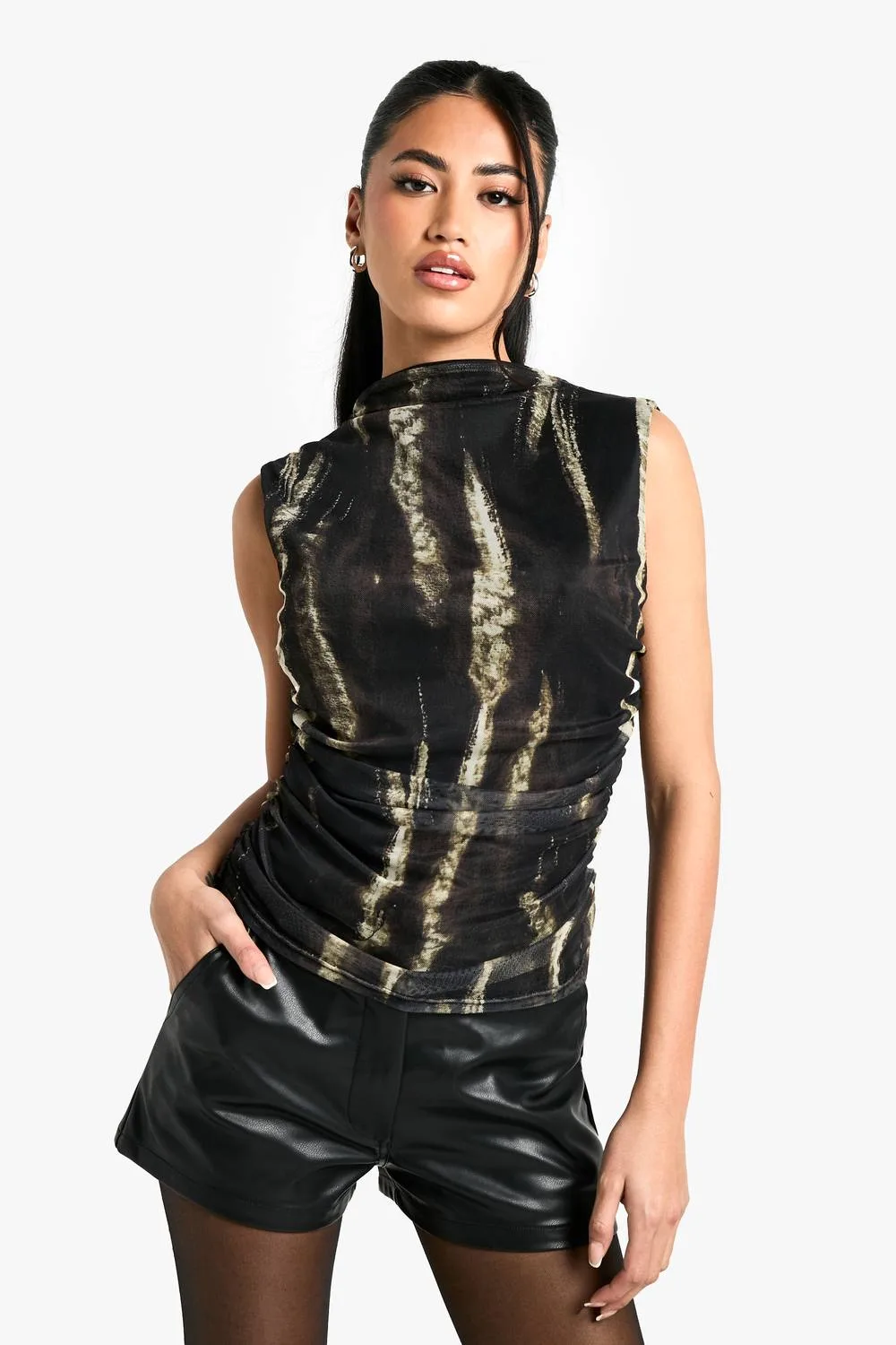 Animal Ruched Front Mesh Top by boohoo