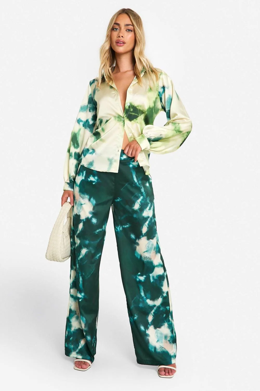 Large Scale Tonal Tie Dye Satin Wide Leg Trousers by boohoo