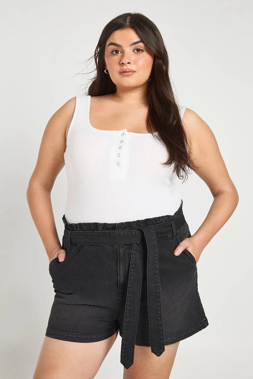 Paperbag Waist Denim Short by boohoo
