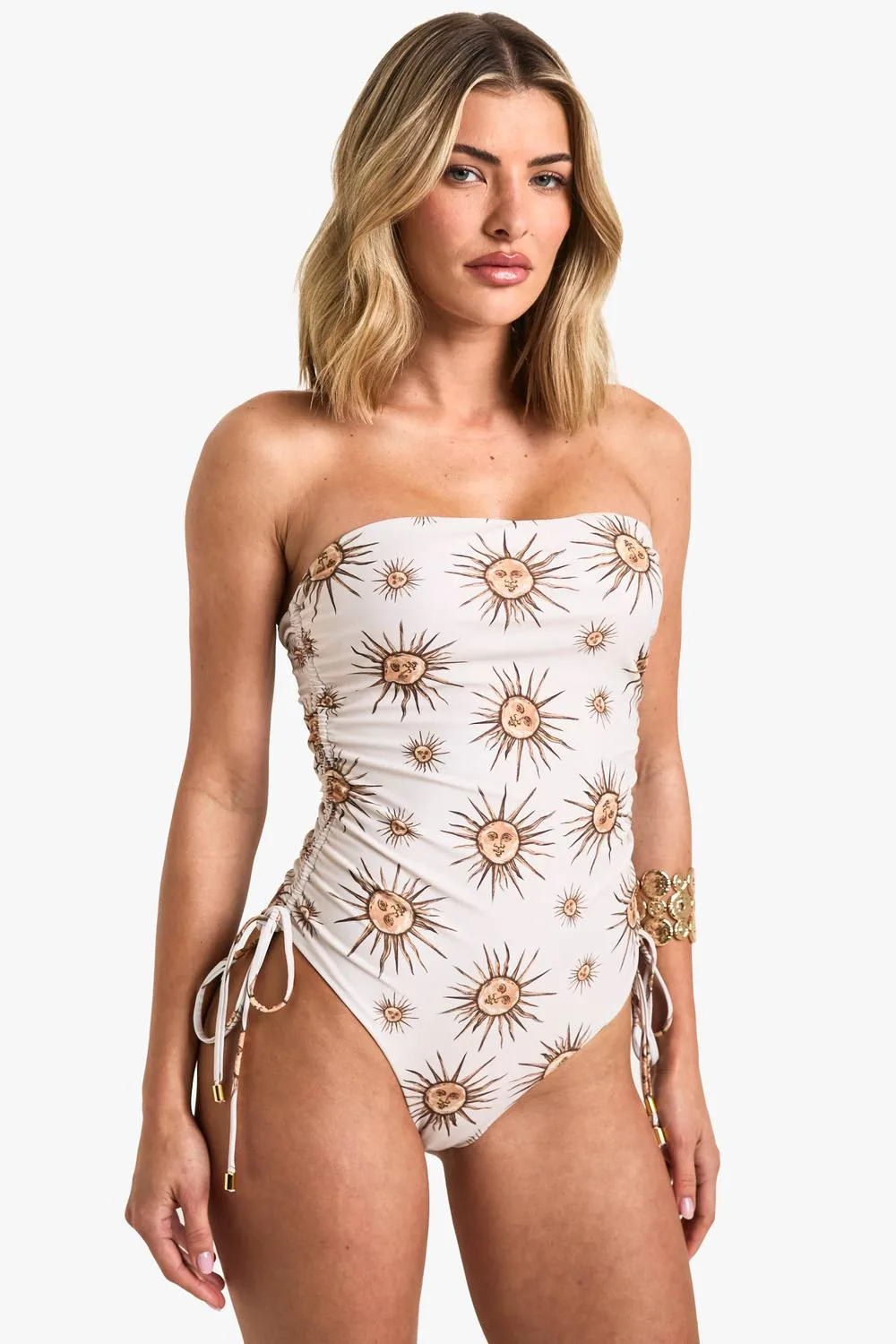 Celestial Print Ruched Bandeau Swimsuit by boohoo