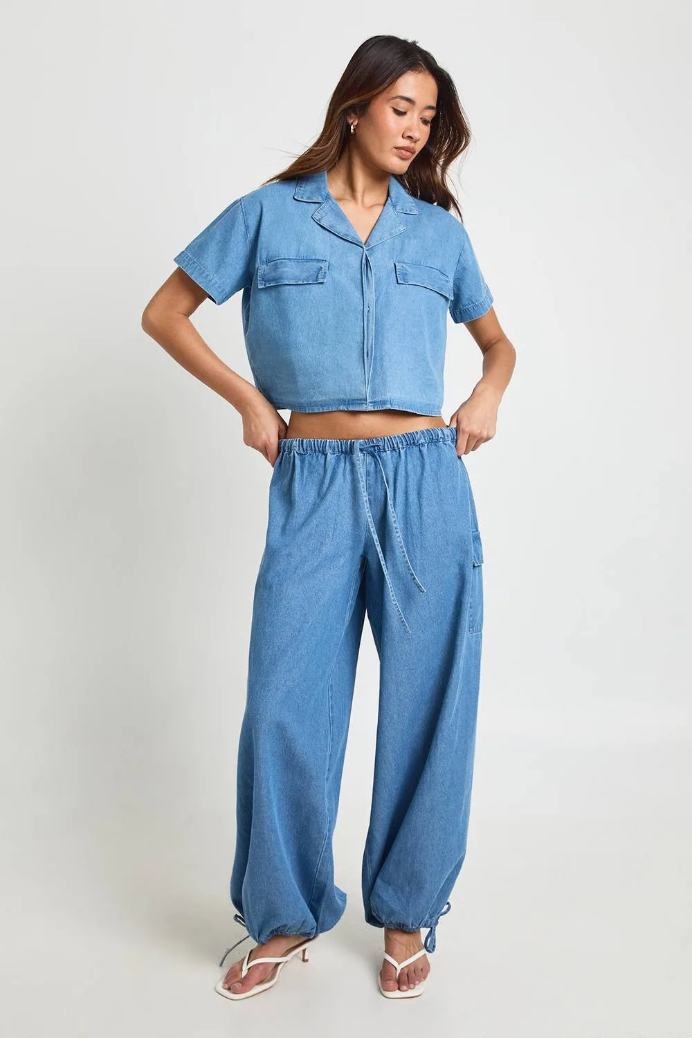 Chambray Cropped Short Sleeve Shirt by boohoo