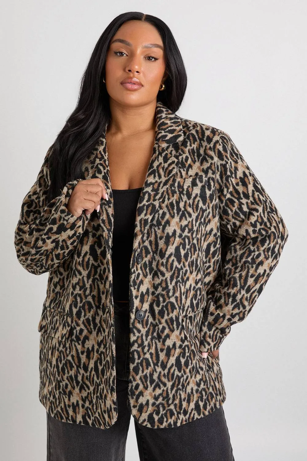 Leopard Print Shoulder Pad Detail Wool Look Blazer by boohoo