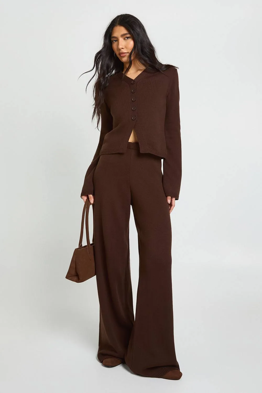 Collar Detail Button Down Knitted Cardigan & Straight Leg Trouser Co-Ord