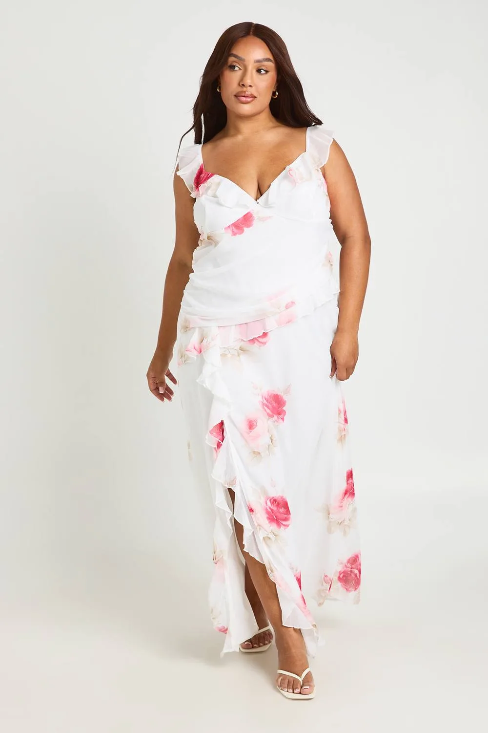 Floral Plunge Ruffle Detail Chiffon Maxi Dress