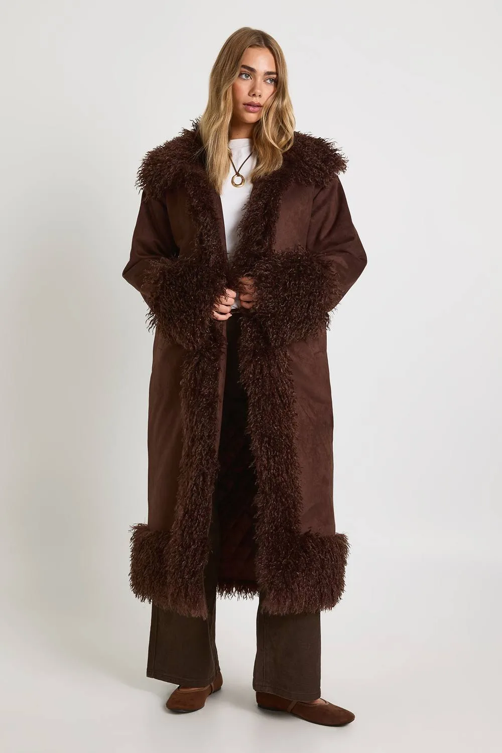 Faux Fur Trim Faux Suede Maxi Coat by boohoo