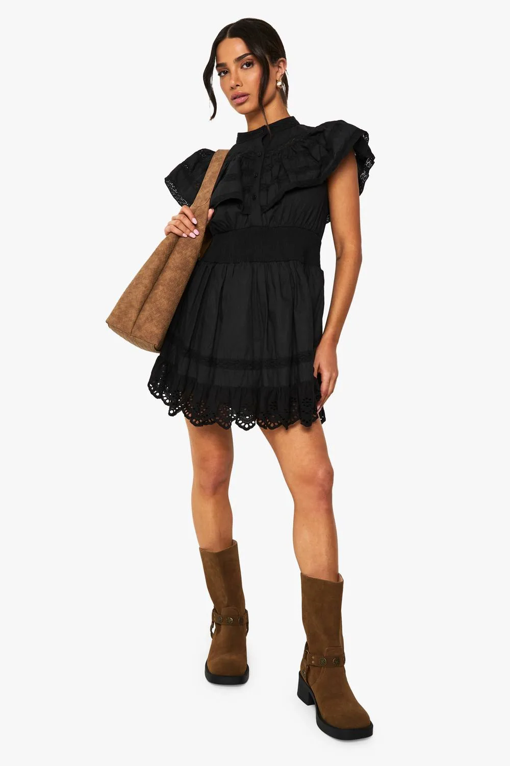 Layered Frill Button Detail Mini Dress by boohoo