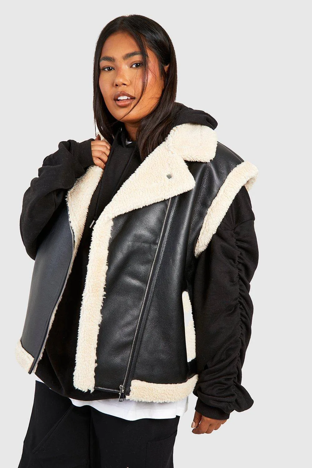 Teddy Trim Faux Leather Gilet by boohoo