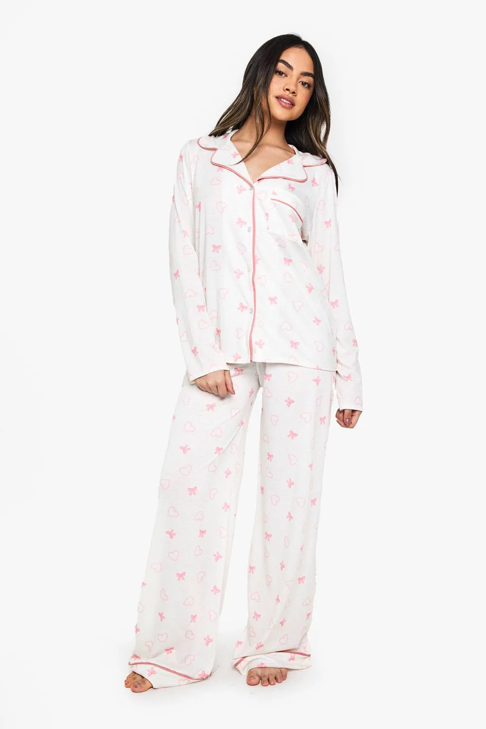 Bow Print Piping Detail Long Sleeve Shirt & Trousers Pyjama Set