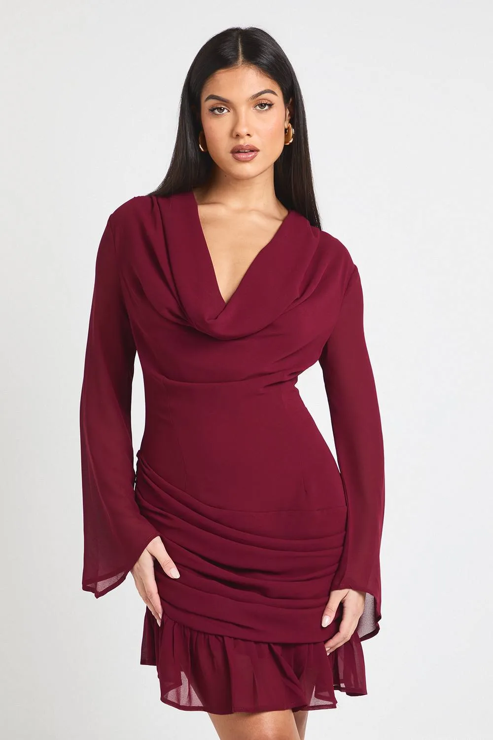Cowl Long Sleeve Mini Dress by boohoo