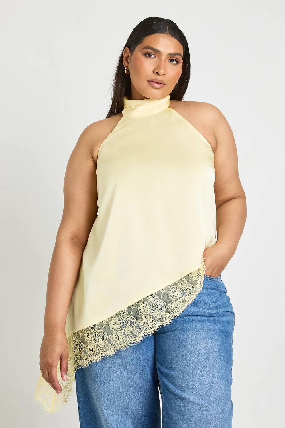 Satin High Neck Lace Trim Top by boohoo