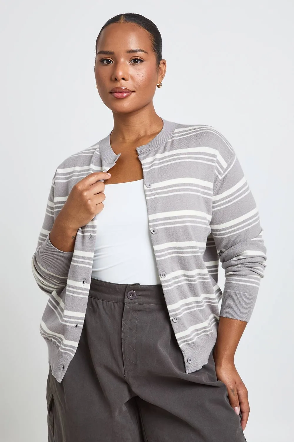 Super Soft Stripe Crew Neck Knitted Cardigan by boohoo