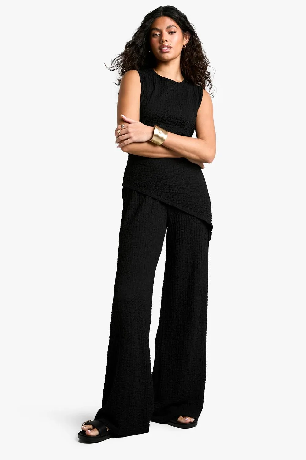 Textured Asym Hem Sleeveless Top & Trouser Co-Ord by boohoo