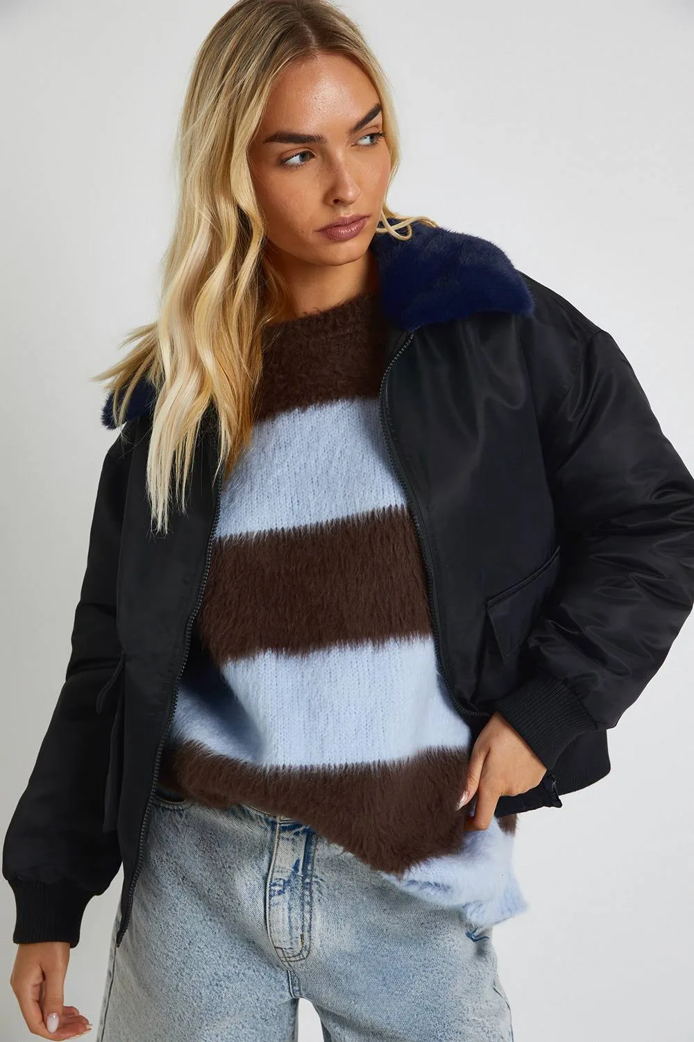 Faux Fur Trim Bomber Jacket by boohoo