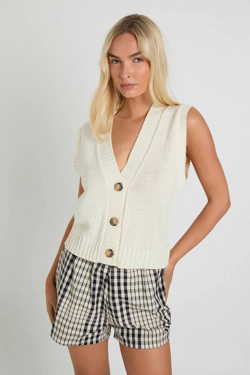 V Neck Knitted Lightweight Button Waistcoat by boohoo