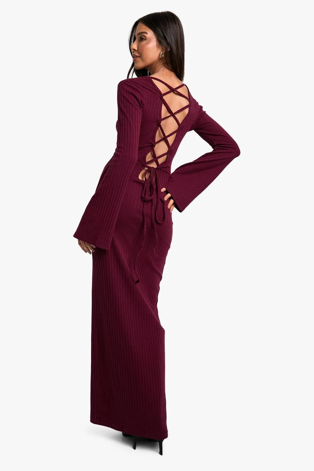 Wide Rib Tie Back Flare Sleeve Maxi Dress by boohoo