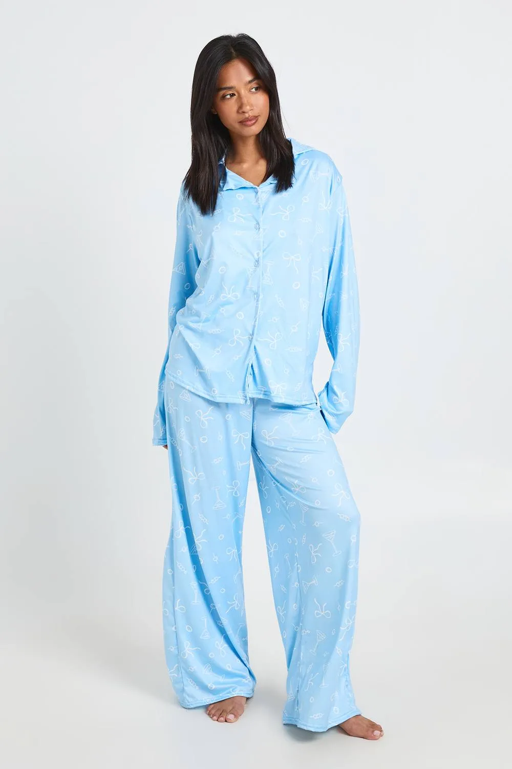 Martini & Bow Print Long Sleeve Shirt & Trouser Pyjama Set by boohoo