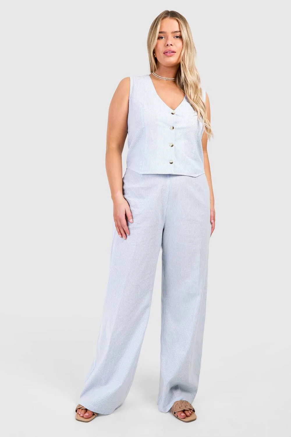 Woven Pinstripe Wide Leg Trouser & Waistcoat Co-Ord by boohoo
