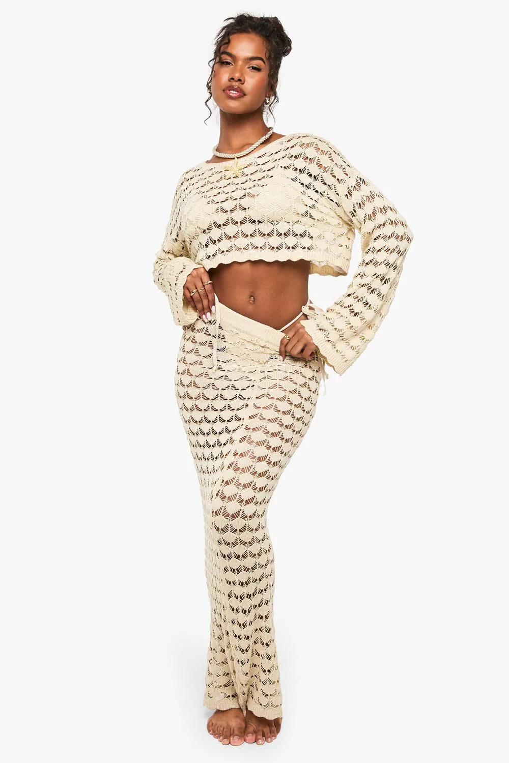 Crochet Beach Maxi Skirt - Stone by boohoo