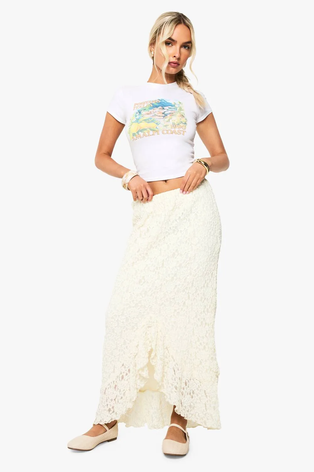 Ruffle Lace Asymmetric Hem Midi Skirt by boohoo
