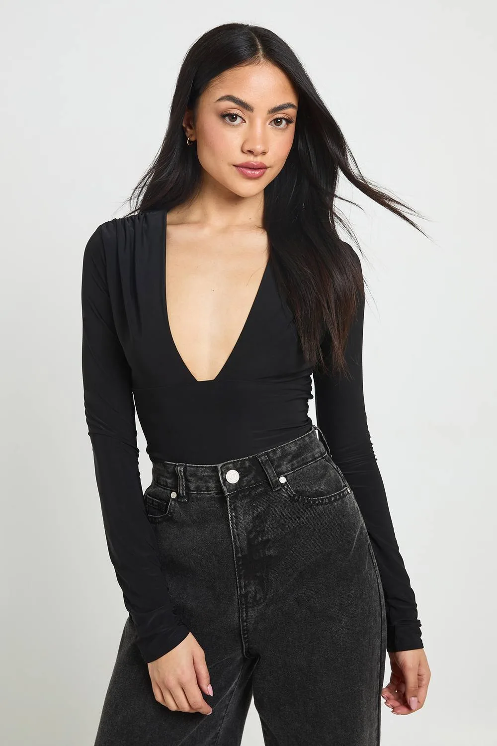 Deep Plunge Long Sleeve Top by boohoo