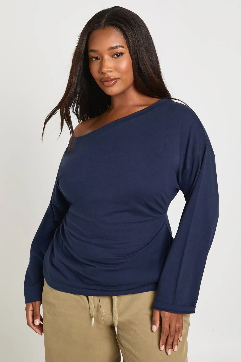 Off-The Shoulder Ruched Side Long Sleeve Top by boohoo