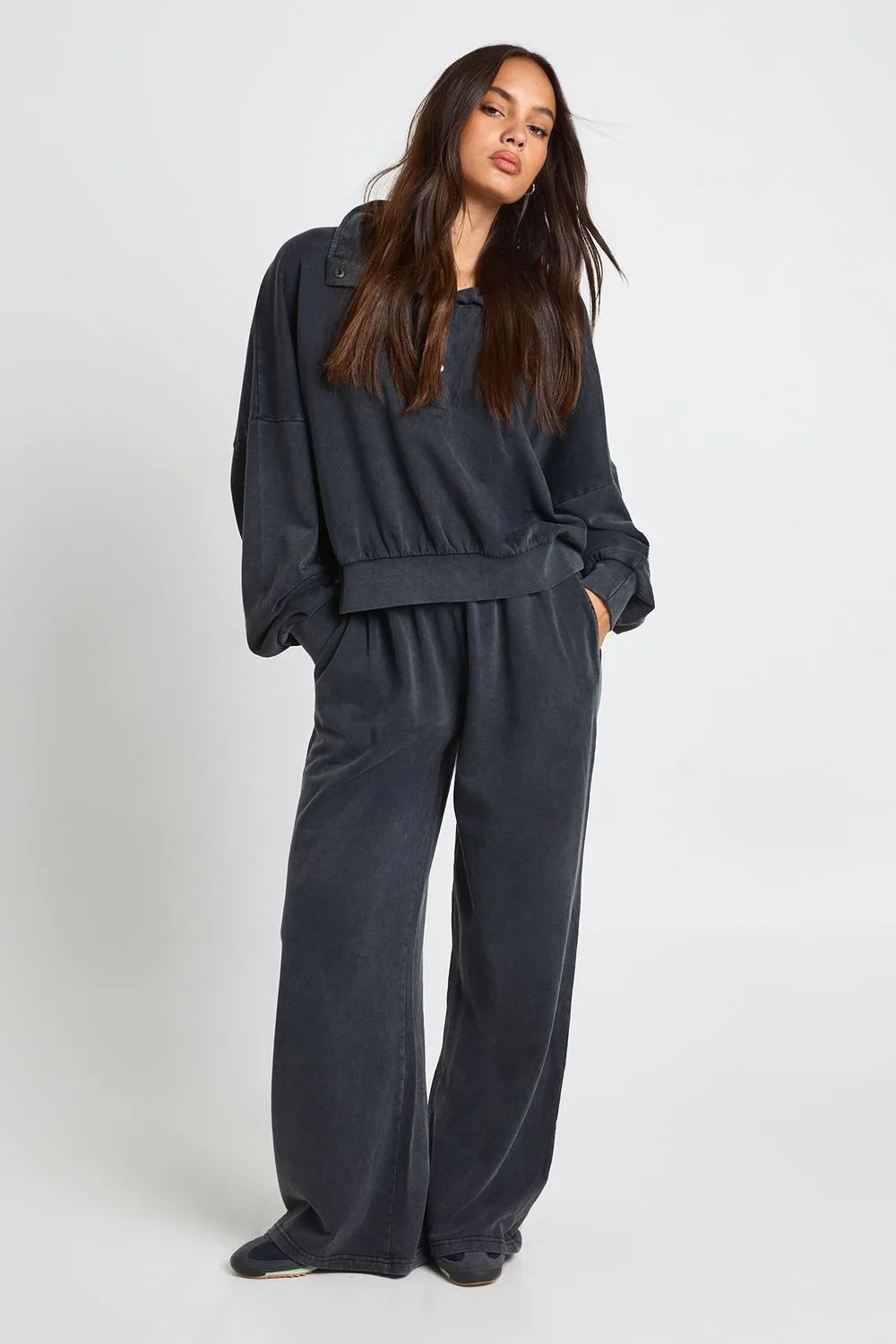 Acid Wash Funnel Neck Straight Leg Knitted Tracksuit