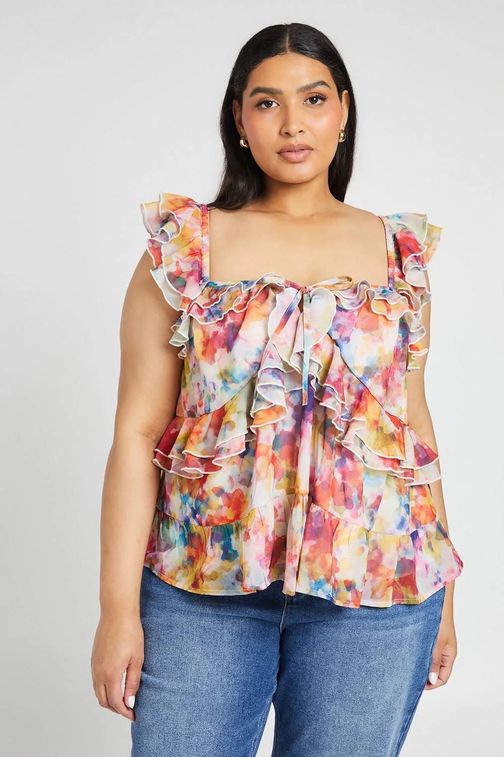 Tie Front Ruffle Cami Top by boohoo