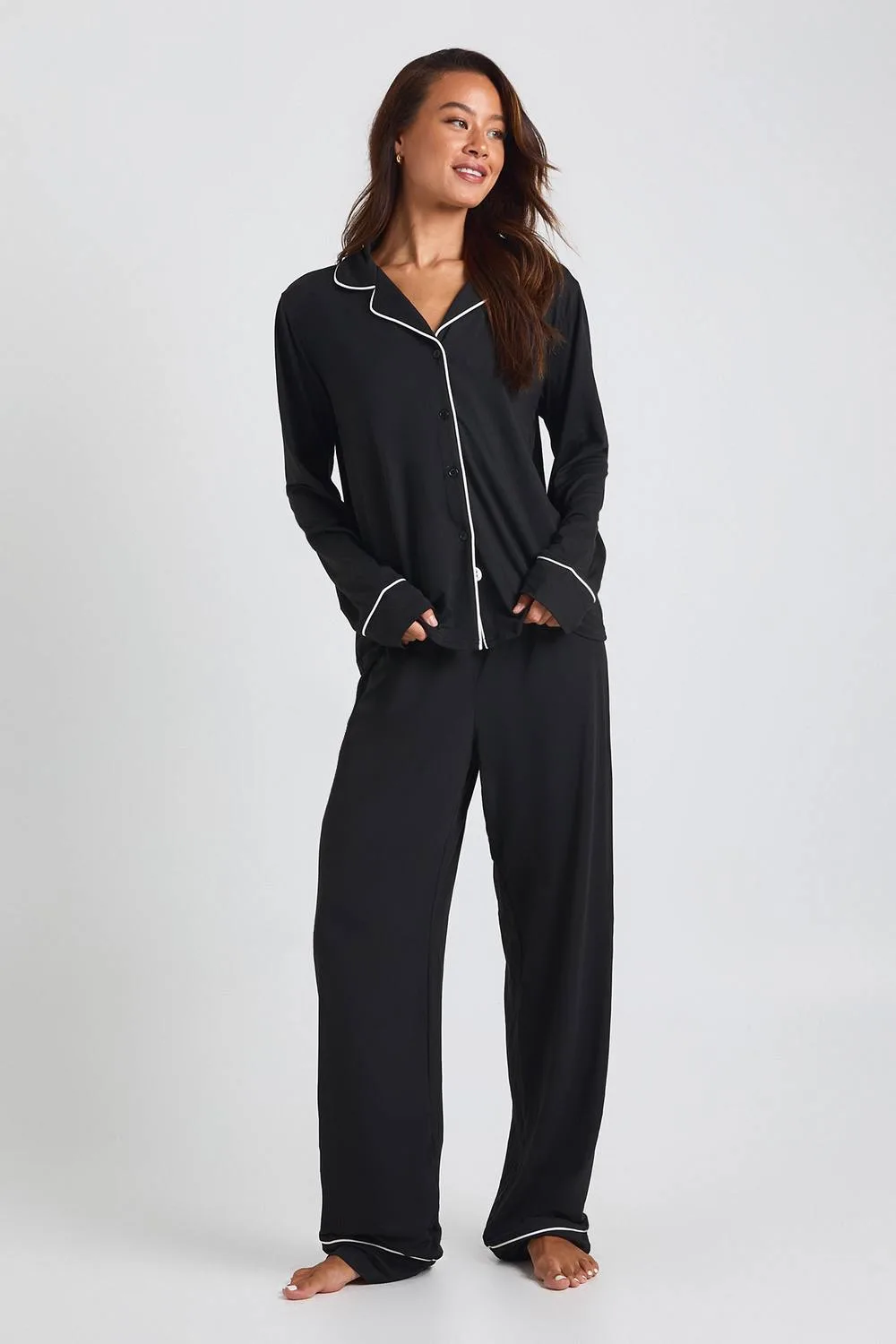 Jersey Piping Detail Long Sleeve Shirt & Trousers Pyjama Set
