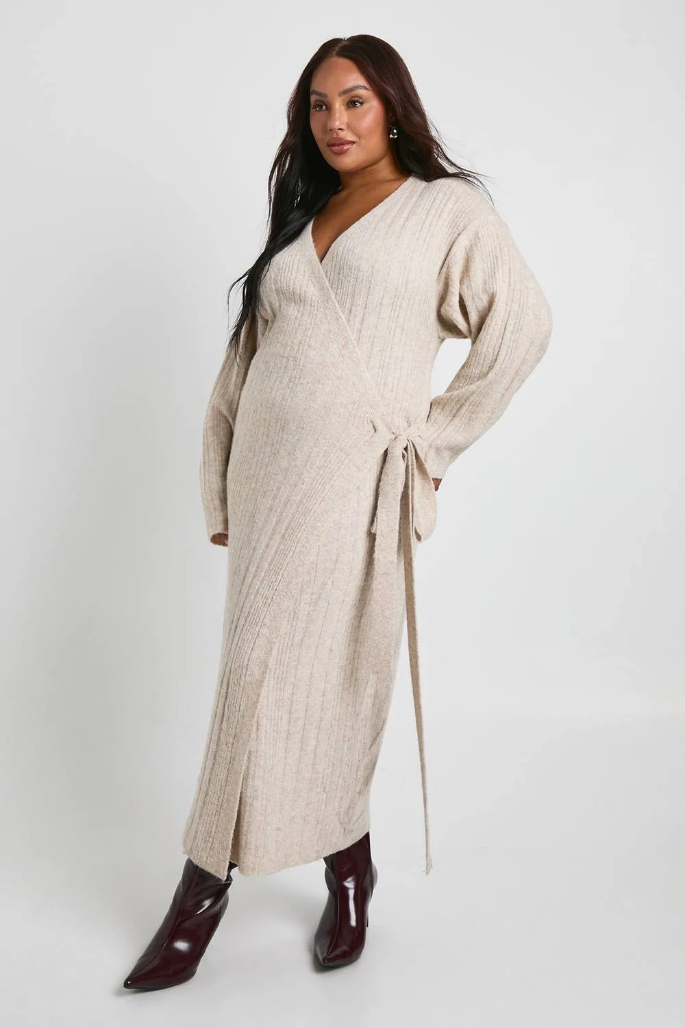 Lightweight Mixed Rib Wrap Jumper Dress by boohoo