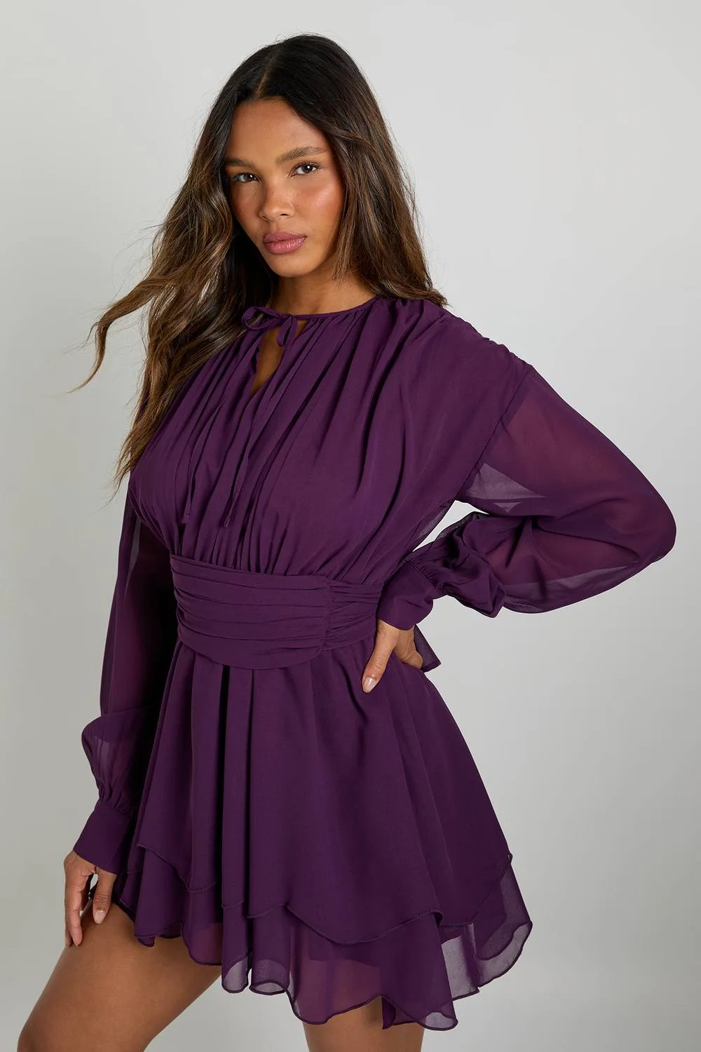 Chiffon Long Sleeve Skater Dress by boohoo