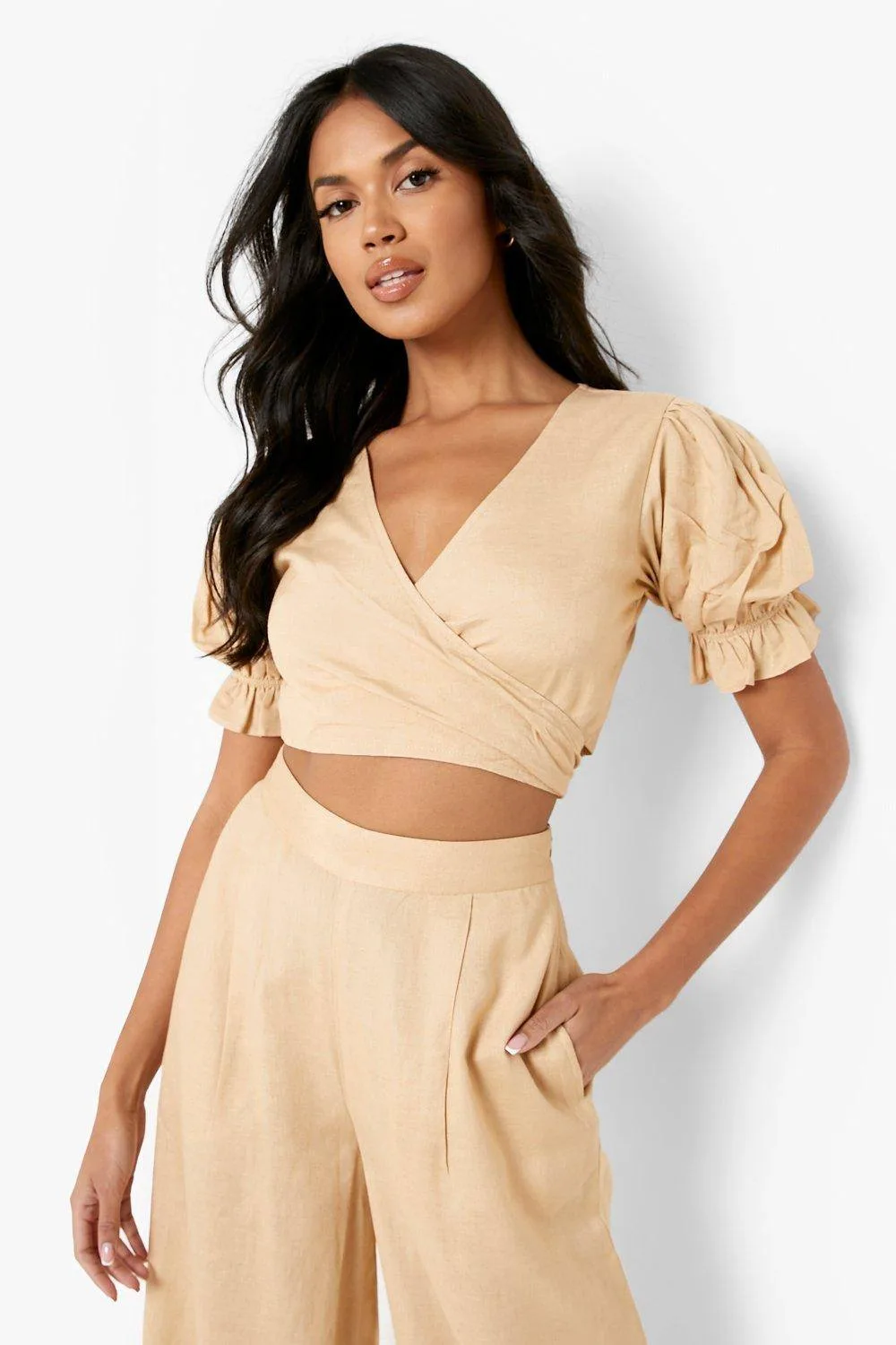 Linen Look Wrap Crop Top - Stone by boohoo