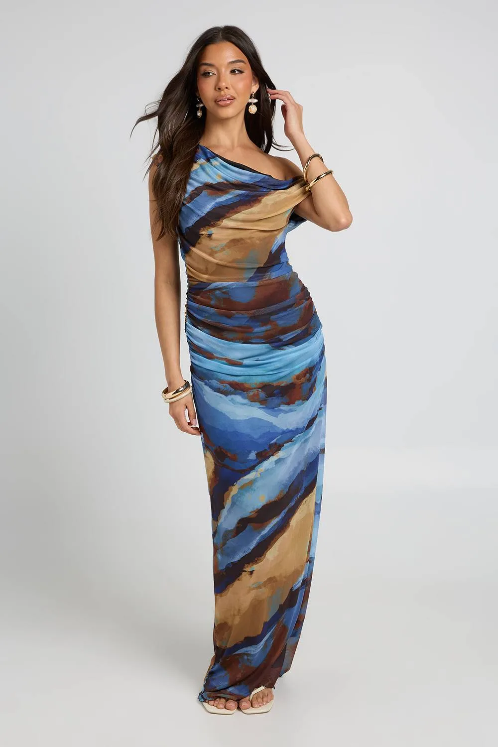 Tonal Abstract Print Ruched Maxi Dress