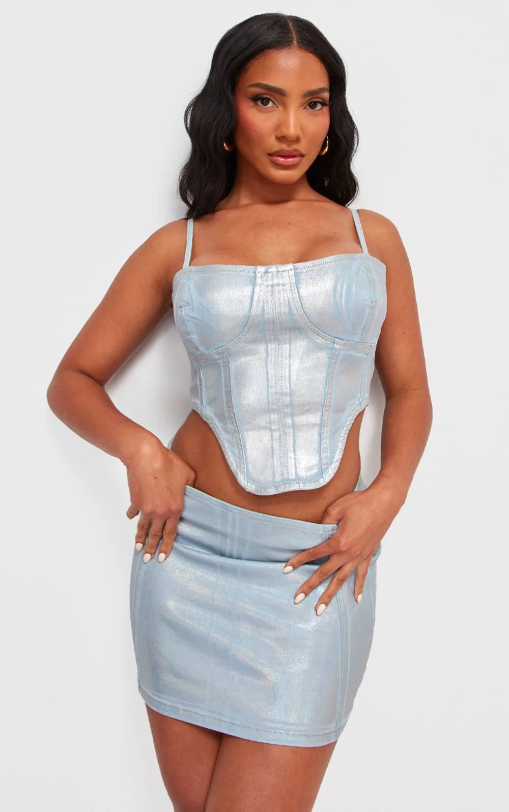Silver Metallic Coated Denim Corset Top by PrettyLittleThing