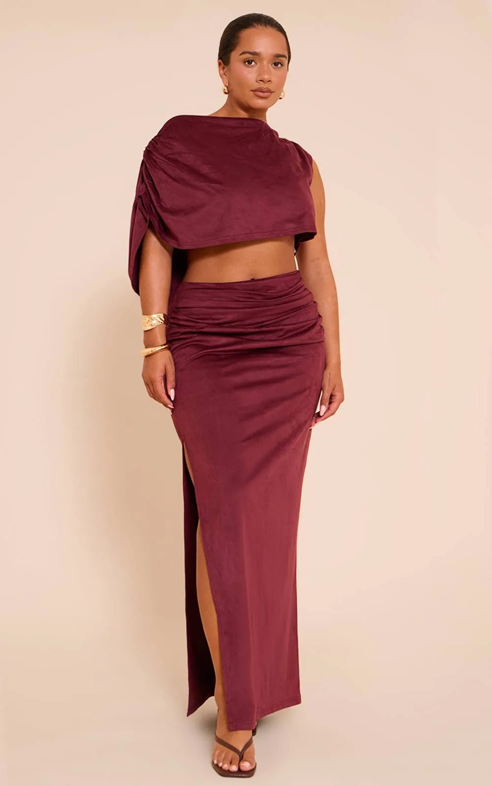 Faux Suede Ruched Side Split Maxi Skirt Co-Ord by PrettyLittleThing