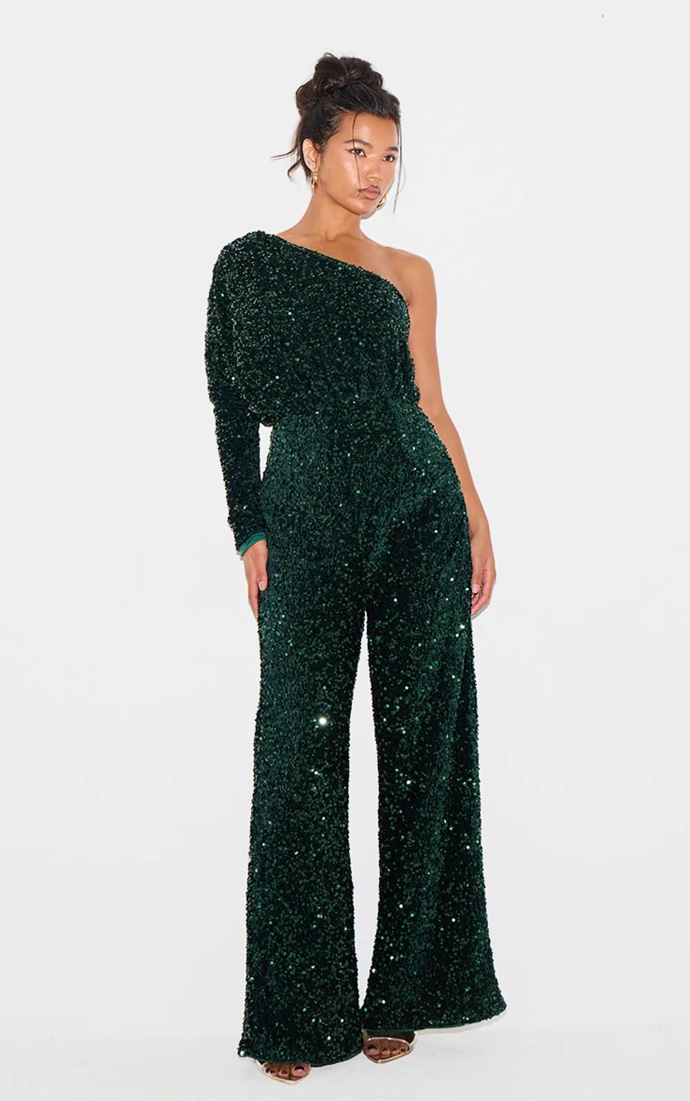 Velvet Sequin One Shoulder Wide Leg Jumpsuit by PrettyLittleThing