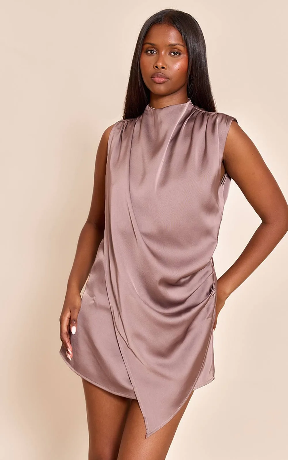 Satin Draped Tie Mini Dress