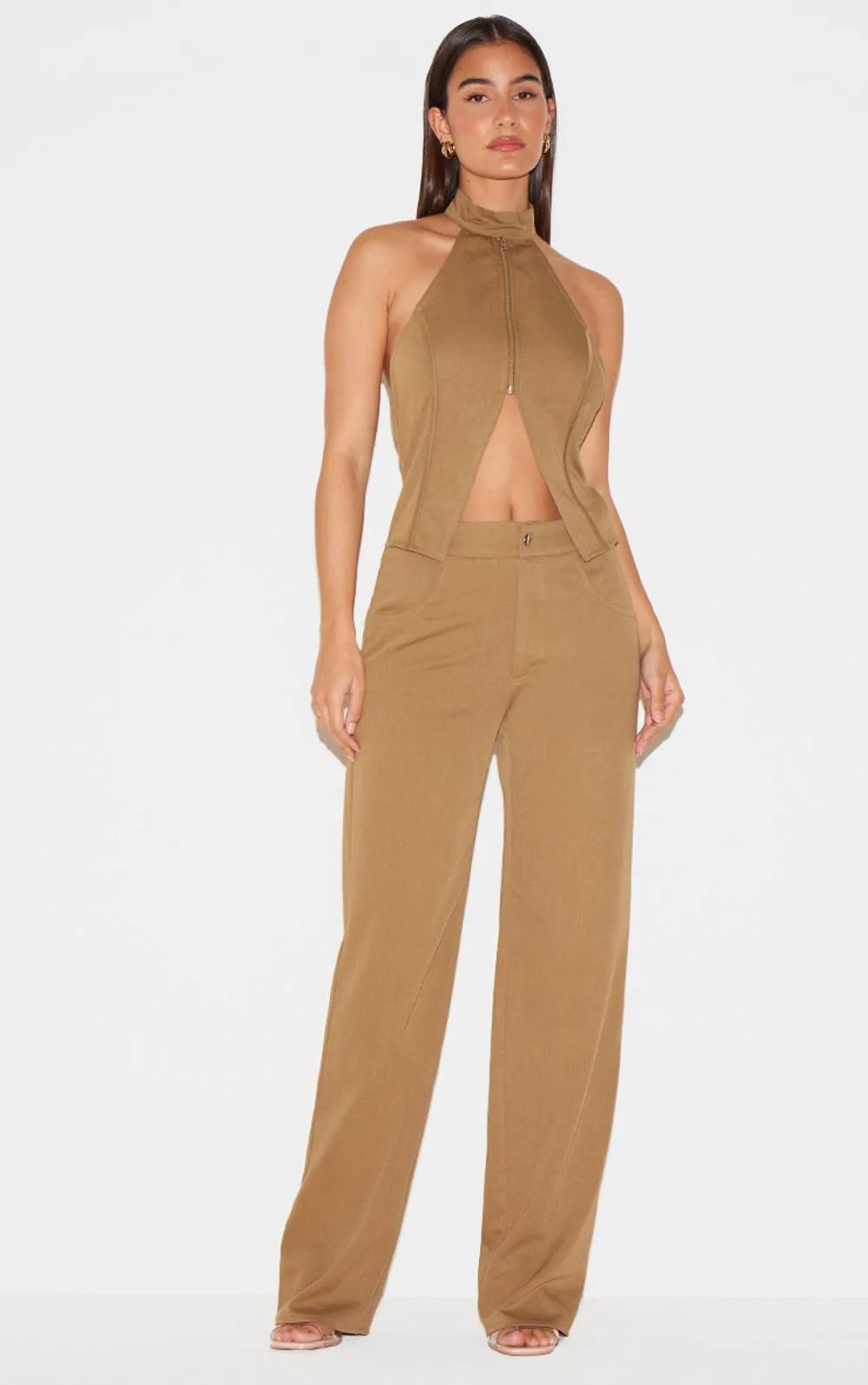 Woven High Neck Zip Detail Straight Leg Jumpsuit by PrettyLittleThing